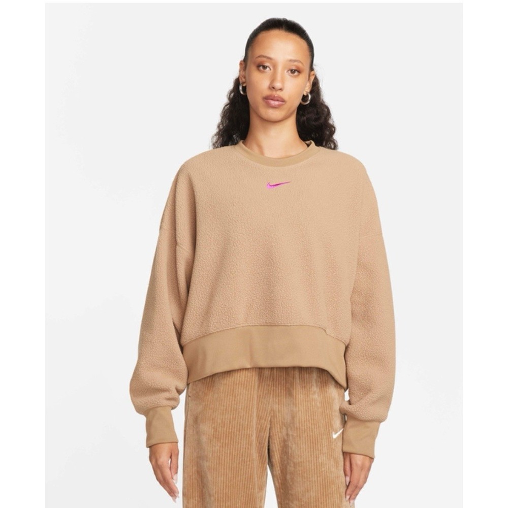 Women's Nike Brown Cropped Pullover Teddy Sweatshirt Long Sleeve Crew Neck‎ Lg